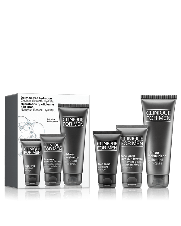 Daily Hydration Men's Skincare Gift Set for Oily Skin, All he needs to keep oily skin cleansed, exfoliated, and hydrated. This 3-piece men's skincare gift set includes a <strong>full-size</strong> moisturiser. <strong>Worth over £45, buy for £35 and save £10.</strong>