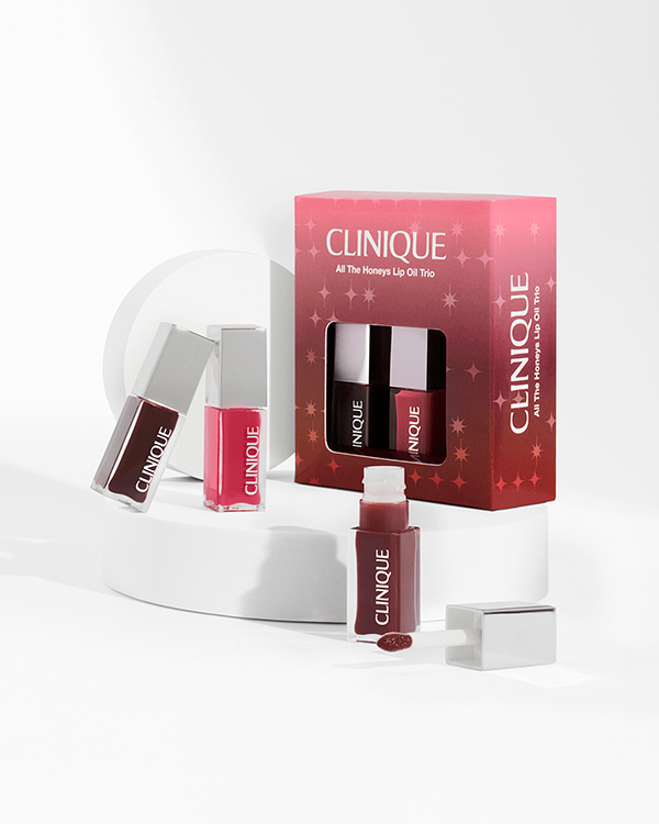 All The Honeys Lip Oil Trio, Enjoy Clinique's iconic lip and cheek oil trio in 3 surprisingly flexible shades: Black Honey, Pink Honey and Nude Honey. Worth £72.