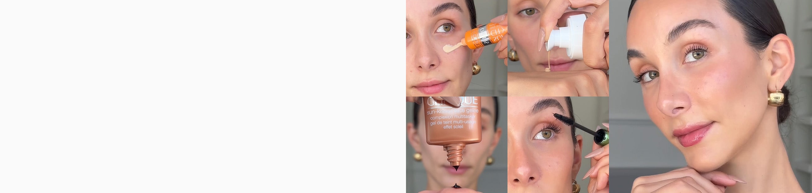 Collage of model applying bestselling Clinique products