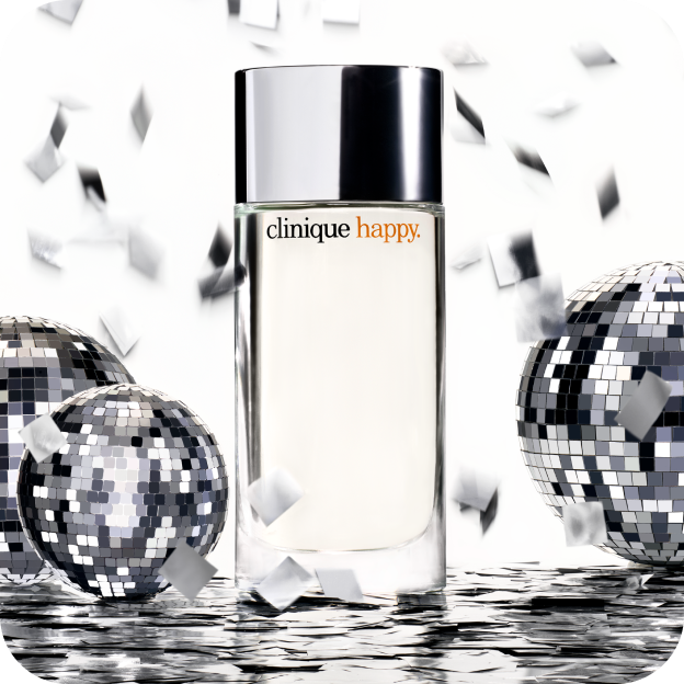 Clinique Happy Perfume surrounded by silver confetti