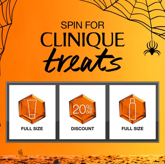 Spin for Clinique Treats randomizer in front of a bright orange background, with spider webs in the corners