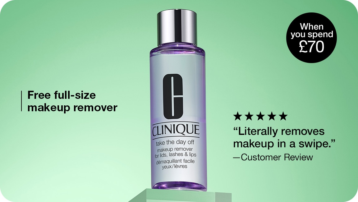 Full-size Clinique makeup remover on a glass plinth on front of a bright green background