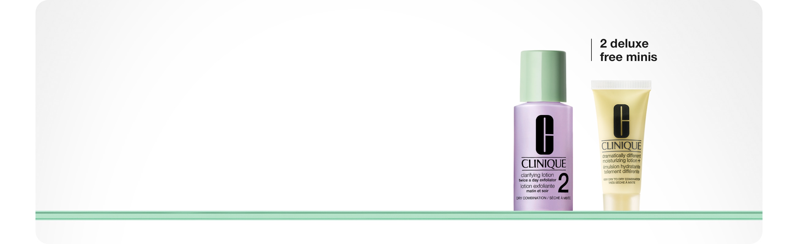 Selection of Clinique products from above in a brightly lit setting, with animated worth badge