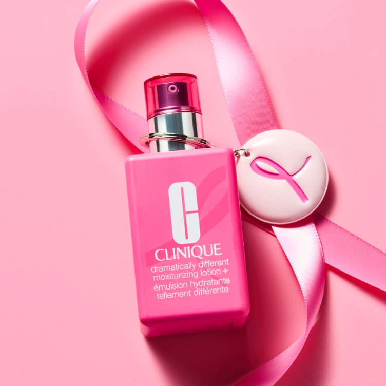 Selection of new brow and eye products dynamically placed on a glass shelf, in a brightly lit studio setting