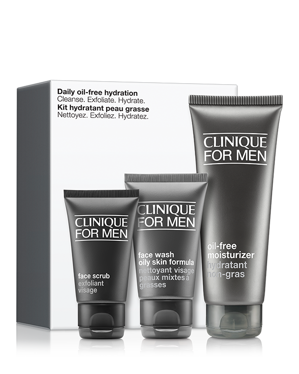 Daily Oil-Free Hydration Skincare Gift Set for Men, This 3-piece men&#039;s skincare gift set worth over £45 is packed with everything he needs to keep oily skin cleansed, exfoliated, and hydrated.