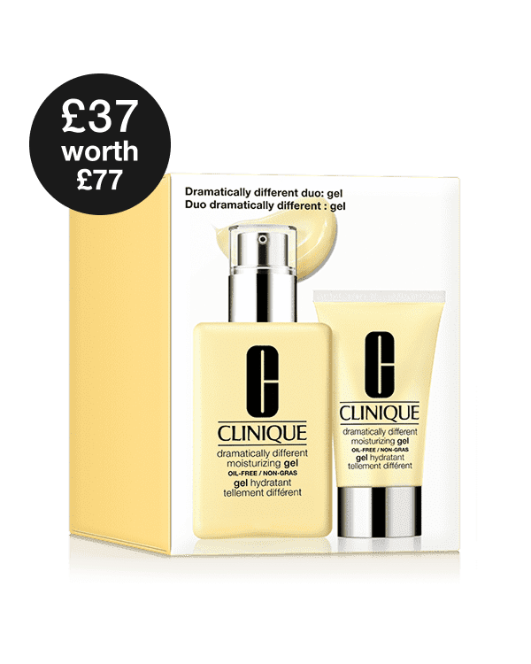 Dramatically Different Duo: Gel Set, A skincare duo of Clinique's dermatologist-developed Dramatically Different Moisturizing Gel Oil-Free in two sizes: one for home and one for travel.