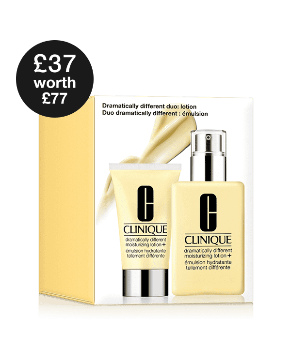 Dramatically Different Duo: Lotion Set, A skincare duo featuring Clinique’s dermatologist-developed Dramatically Different Moisturizing Lotion+™ in two sizes: one for home and one for travel.