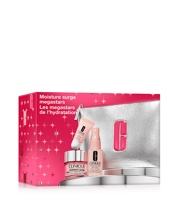 Moisture Surge Megastars Set, A skincare trio featuring our powerful hydrator plus a refreshing face spray and multitasking lip balm. Worth £62.