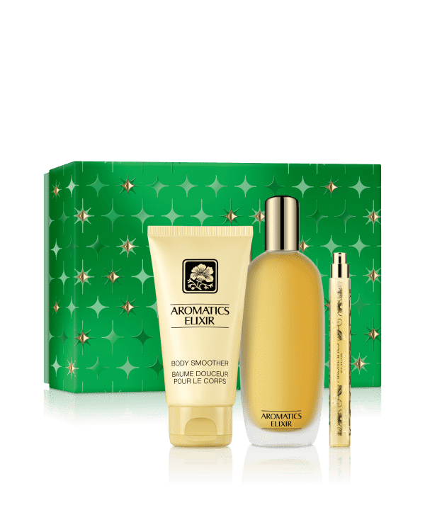 Aromatic Elixir Riches: Perfume Set, A bold fragrance trio for head-to-toe intrigue. Featuring a full-size perfume, an on-the-go mini, and body smoother lotion. Worth £116.