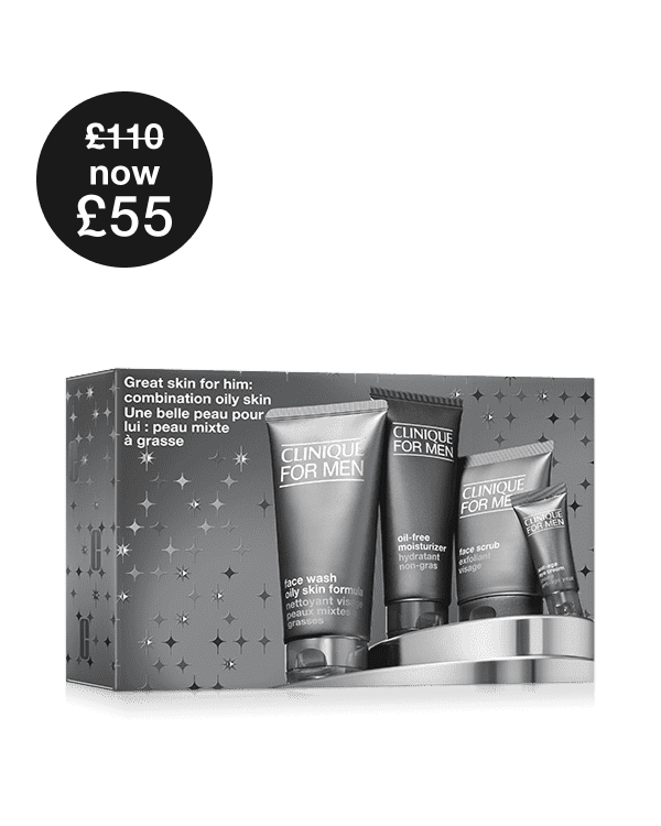Great Skin for Him: Clinique For Men Set For Combination Oily Skin, A collection of skincare essentials for oilier skin types. Four full-size favorites to keep oily skin feeling smooth, comfortable, and hydrated.