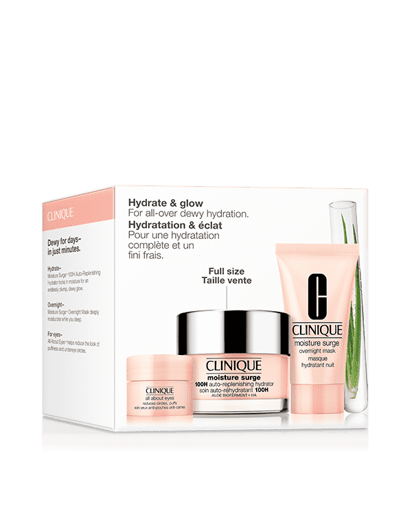 Hydrate + Glow: Moisture Surge Set For All-Over Dewy Hydration, 3 skincare favourites for all-over dewy hydration.