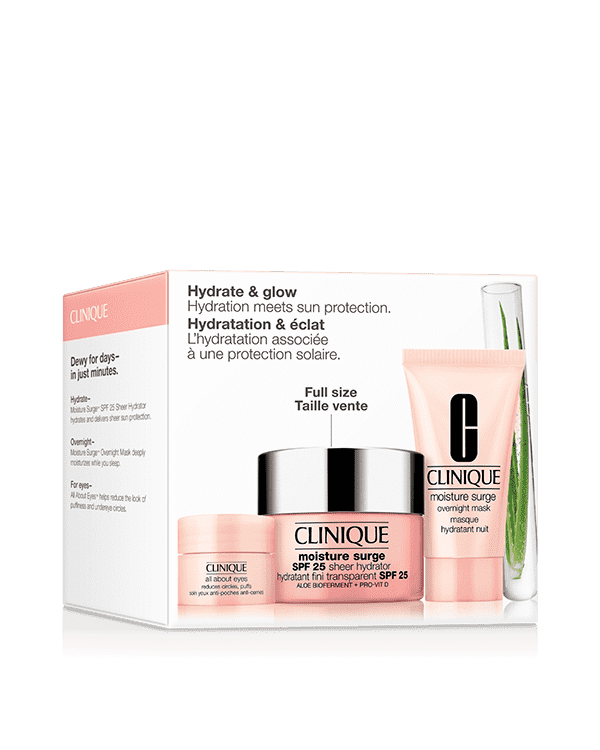 Hydrate + Glow: Moisture Surge Set For Hydration Meets Sun Protection, 3 skincare favorites for hydration, including an SPF moisturizer.
