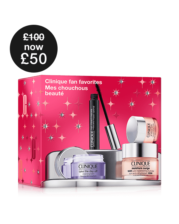 Clinique Fan Favourites: Skincare & Makeup Set, A collection of Clinique skincare and makeup fan-favourites. This set includes a full-size Moisture Surge™ face cream, our #1 bestselling mascara and eye cream, and a mini makeup remover balm.