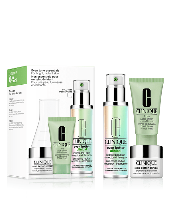 Even Tone Essentials Brightening Skincare Set, 3 skincare experts for refined, radiant looking skin.